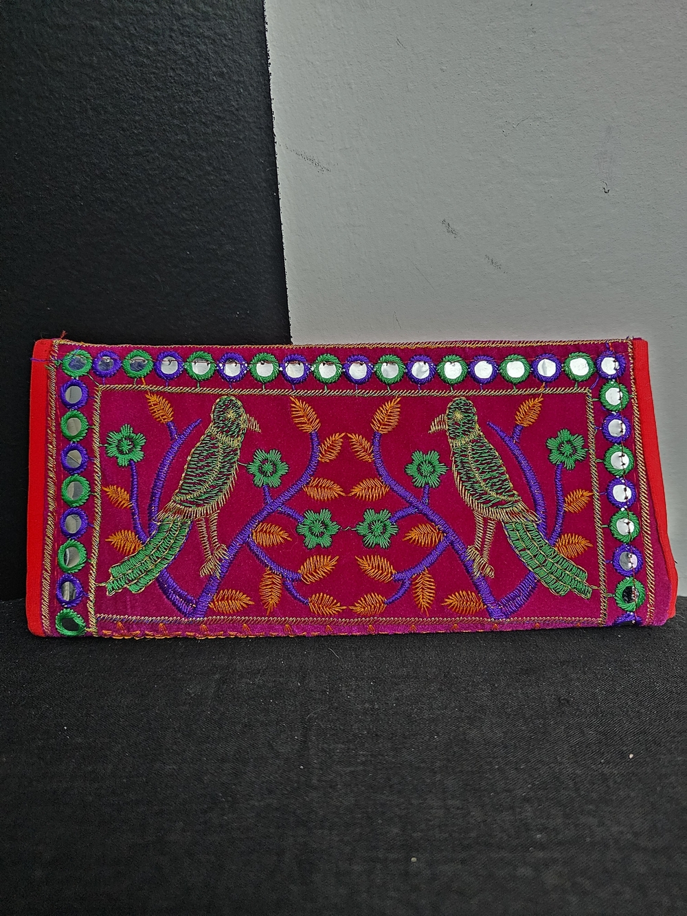 Vintage Embroidered Parrot Clutch - Pink & Green